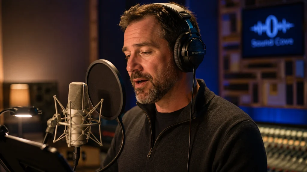Professional voice over artist recording in a soundproof studio with condenser microphone for a YouTube channel