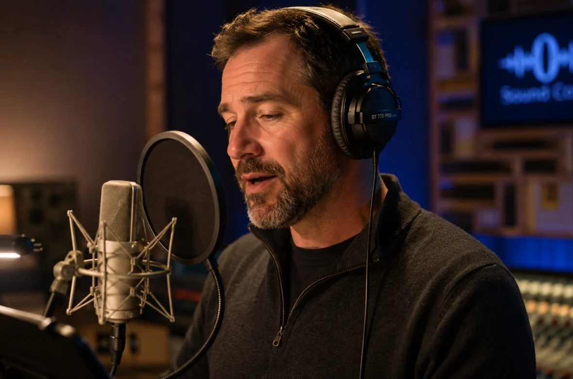 Professional voice over artist recording in a soundproof studio with condenser microphone for a YouTube channel