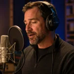 Professional voice over artist recording in a soundproof studio with condenser microphone for a YouTube channel