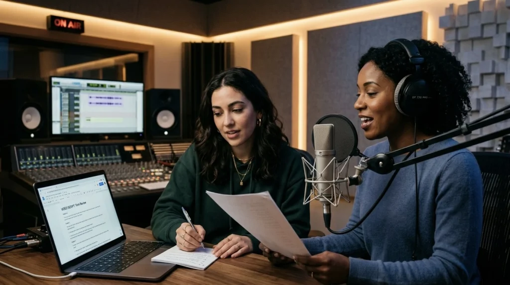 YouTube creator working with a professional voice over artist in a recording studio session