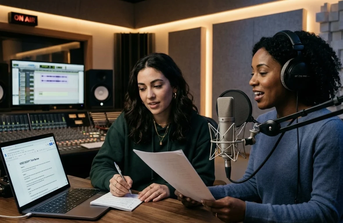 YouTube creator working with a professional voice over artist in a recording studio session