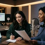YouTube creator working with a professional voice over artist in a recording studio session